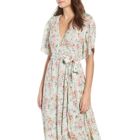 Anthropologie Raga Mint Green Floral V-Neck Wrap Flutter Sleeve Maxi Dress Sz M - Picture 2 of 9
